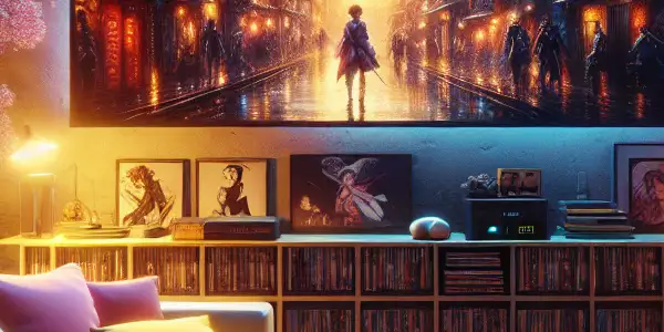 A cozy living room at twilight, featuring a stylish TV with popular series stills, snacks, and warm lighting.