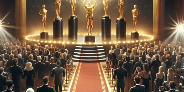 A glamorous awards ceremony celebrating adult entertainment, featuring a diverse crowd, red carpet, and elegant trophies.