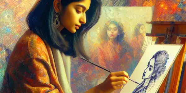 A young female artist sketches in a vibrant studio filled with drawings of women, blending art and sensuality.