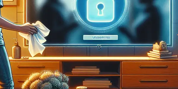 A cozy living room scene emphasizing hygiene and safety while preparing to watch a movie.