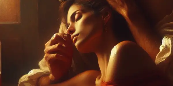 A cozy bedroom scene depicting two affectionate figures, emphasizing intimacy and romance with warm colors and soft textures.