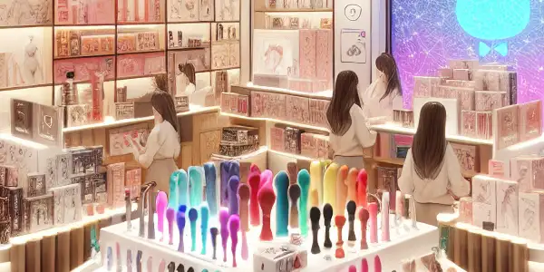 A modern adult toy shop with organized displays, warm lighting, and a cozy viewing area, promoting a safe shopping experience.