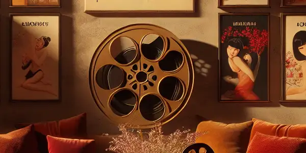 A cozy, dimly lit room featuring a vintage film projector, film reels, and a stylish bookshelf of adult film DVDs.