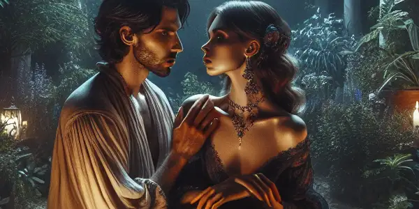 A romantic couple shares an intimate moment in a moonlit garden filled with lush greenery and flowers.