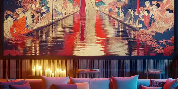 A cozy home setting featuring a large screen displaying abstract romantic imagery, symbolizing diverse adult entertainment.