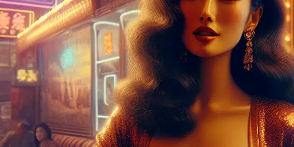 A glamorous actress reminiscent of Yee Si-Mui in a vintage Hong Kong film studio, surrounded by film reels and cameras.