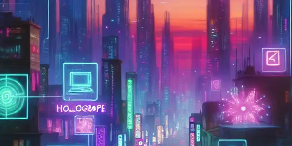 A futuristic cityscape at dusk with neon signs and holographic elements representing safe adult entertainment.
