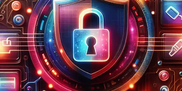 A futuristic digital interface for a safe adult content search engine, featuring vibrant thumbnails and privacy symbols.