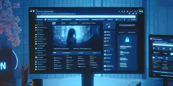 A modern workspace with dual monitors displaying an adult website, emphasizing cybersecurity and privacy.