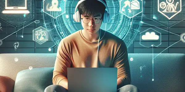 A cozy living room scene with a person watching a screen, emphasizing safe adult entertainment and well-being.