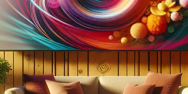 A cozy living room featuring a large screen displaying tasteful abstract adult content, symbolizing safety and comfort.