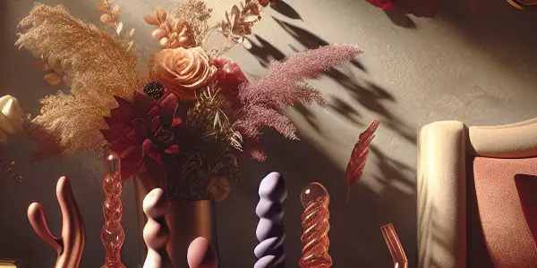 An intimate bedroom scene featuring elegant adult toys, soft lighting, and romantic decor, evoking warmth and excitement.