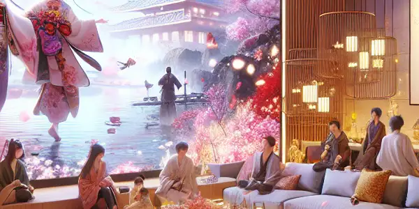 A vibrant living room scene with diverse individuals enjoying abstract visuals, embodying passion and creativity inspired by Japanese AV themes.