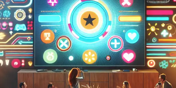 A lively gathering in a modern living room, featuring diverse individuals engaged in an interactive entertainment experience.