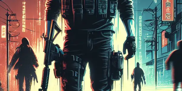 A charismatic undercover agent in tactical gear navigates a neon-lit urban landscape filled with danger and suspense.