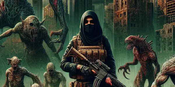 A fierce female protagonist battles grotesque undead creatures in a post-apocalyptic Raccoon City filled with danger and dark humor.