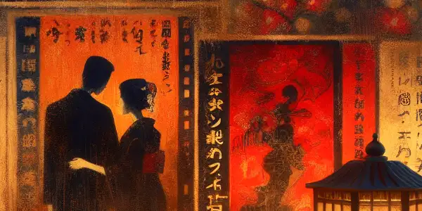 A dimly lit room with vintage film posters, handcuffs, and a red light, evoking passion and tension.