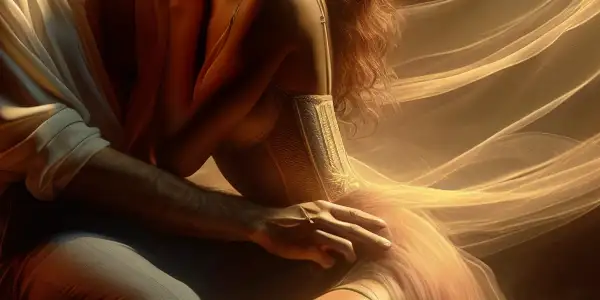 A passionate couple shares an intimate moment in a dimly lit, romantic room adorned with cherry blossoms and soft textures.