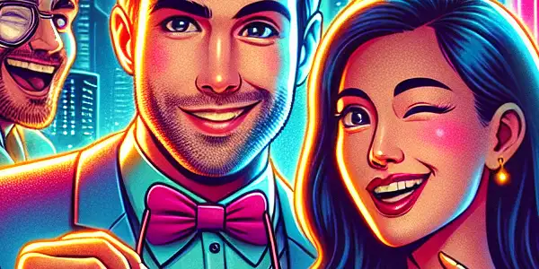 A vibrant movie poster featuring quirky characters in a colorful urban setting, hinting at romance and humor.