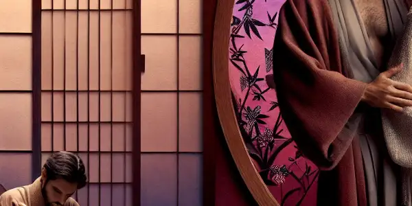 A romantic couple in elegant attire on a Japanese film set, blending traditional culture and modern cinema.