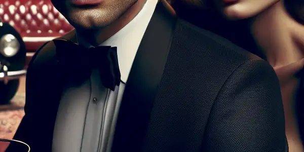 A charismatic spy and a stunning femme fatale share an intimate moment in a luxurious hotel room.