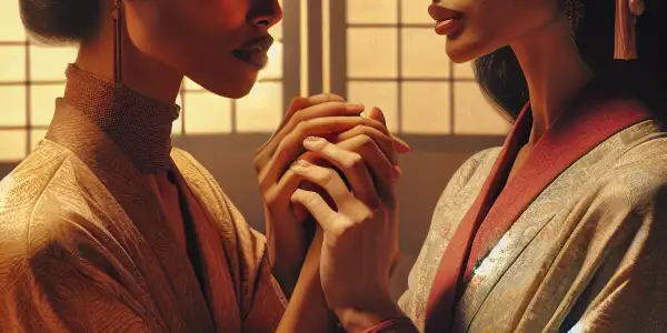 Two female friends sharing a deep emotional connection in a warmly lit, traditional Japanese room.