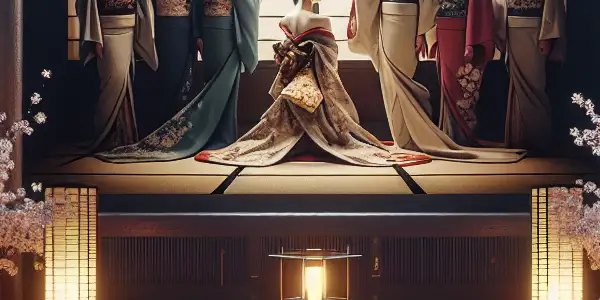 A dimly lit room showcasing a sophisticated Japanese AV film scene with traditional attire and cultural decor.