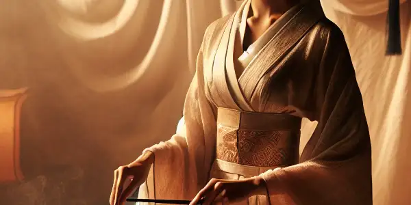 A confident female protagonist in a serene, romantic setting, embodying themes of service and dedication.