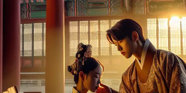 A passionate encounter between a traditionally dressed character and a modern figure in a lavish historical Korean palace.