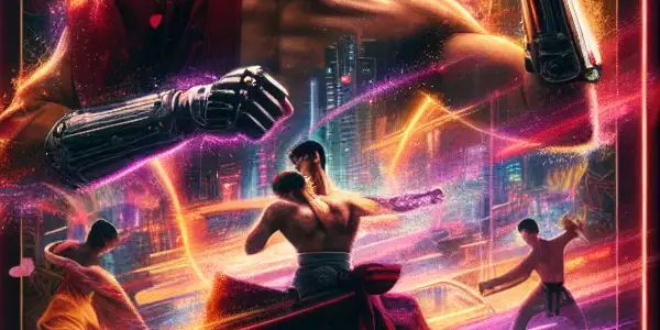 A dynamic movie poster featuring a charismatic male martial artist in a neon-lit urban setting, blending action and sensuality.