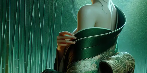 A mysterious woman in a kimono stands in a bamboo forest under a starry night sky.