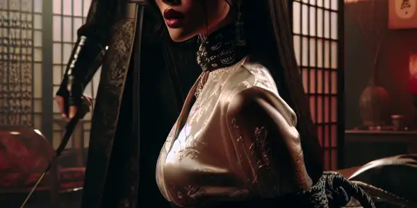 A tense scene of a bound woman and her imposing captor in a dimly lit, opulent Japanese room.