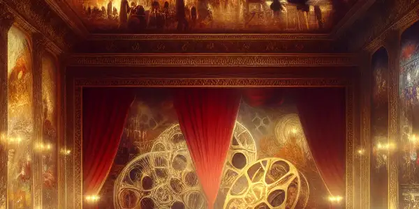 A luxurious movie theater scene showcasing diverse viewers captivated by iconic adult film imagery and innovative storytelling.