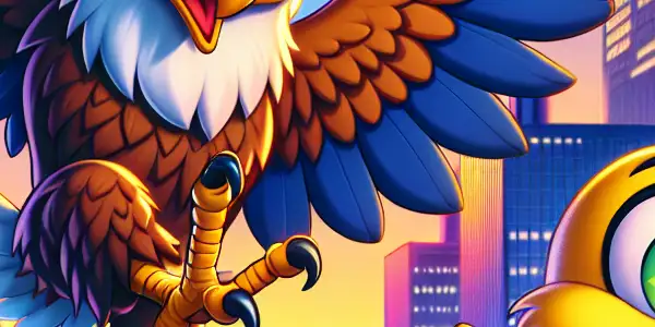 A charismatic eagle playfully chases colorful, cartoonish chicks through a vibrant cityscape at twilight.